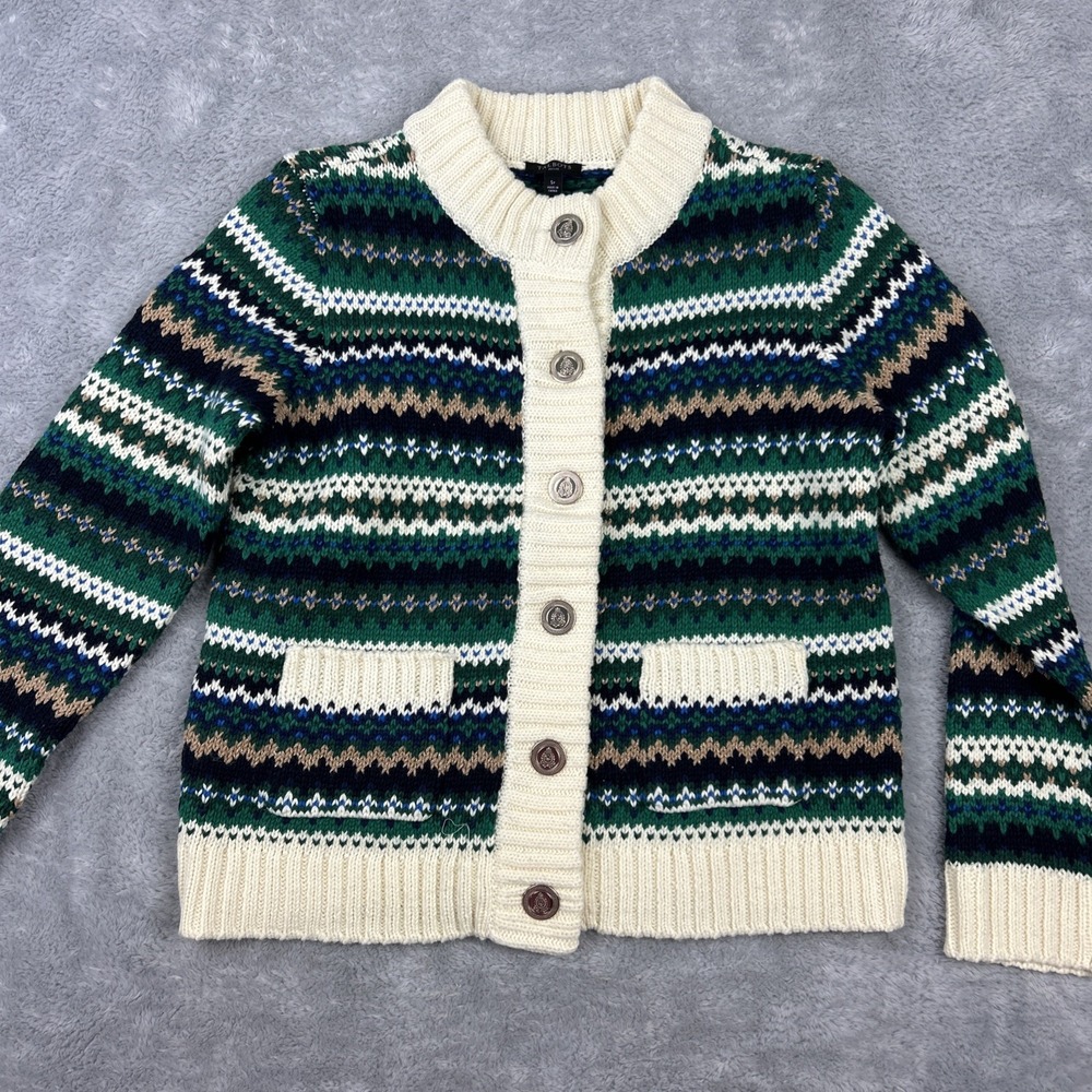 Vtg Talbots Cardigan Sweater Gold Buttons SP Green Stripe Metallic Fair Isle
